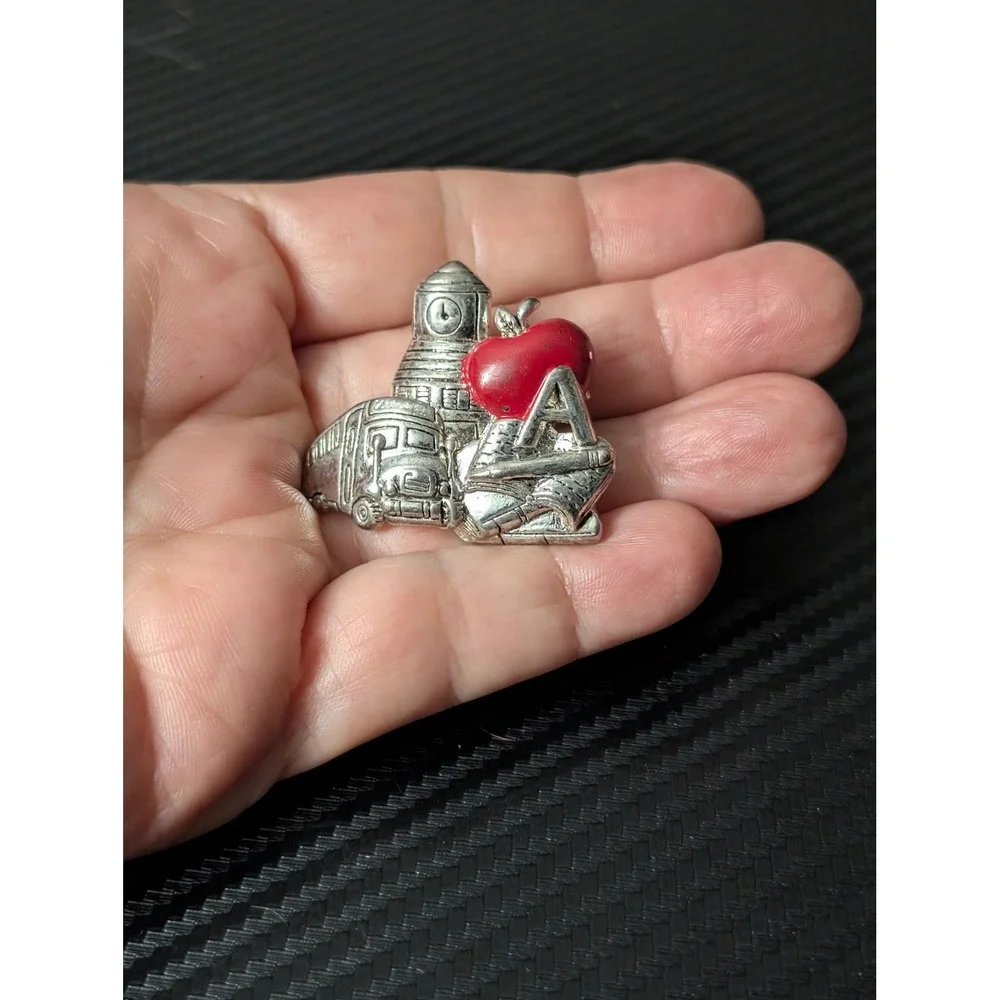 Vintage Silver Red Brooch School Bus Teacher Apple Clock Tower Book Pin